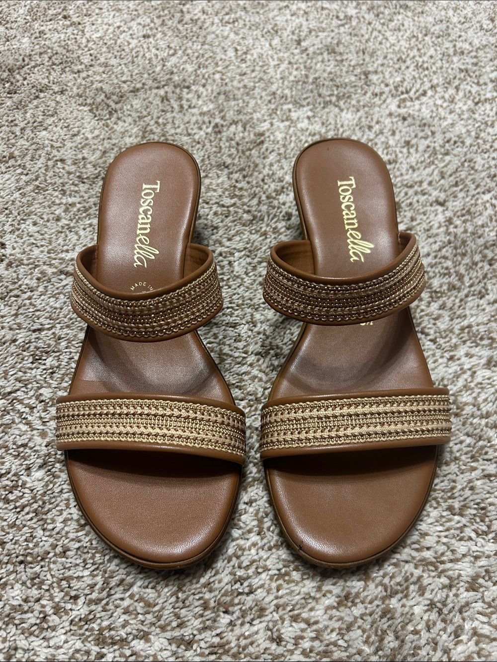 Toscanelle Women's Tan Double-Band Slide Sandals